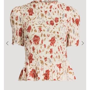 Reformation Floral Smocked Blouse in Red and Cream